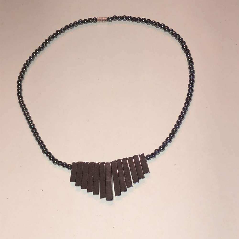 Black Hematite Bar Fringe Beaded Necklace